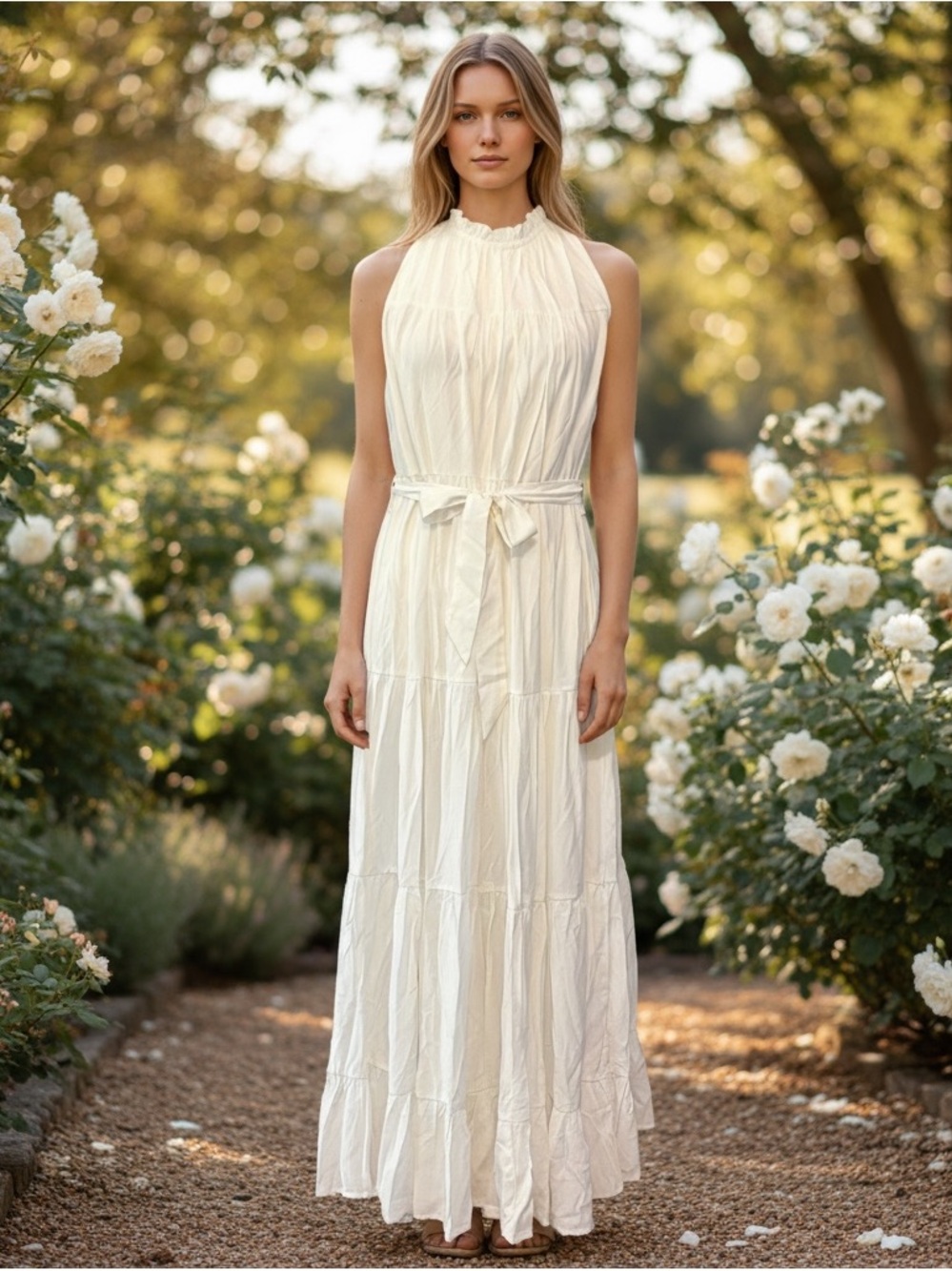 NWT PINCH Belted Halter Midi Dress Women’s SZ Medium in White Coastal Boho